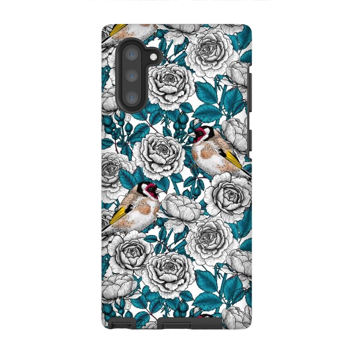 Galaxy Note 10 StrongFit White rose flowers and goldfinch birds by Katerina Kirilova