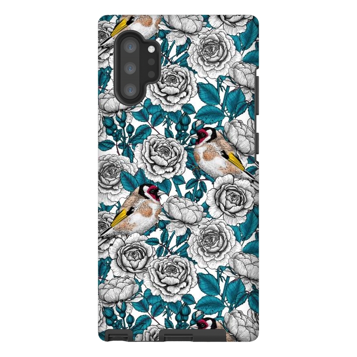 Galaxy Note 10 plus StrongFit White rose flowers and goldfinch birds by Katerina Kirilova