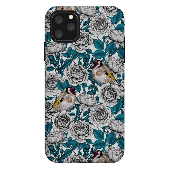 iPhone 11 Pro Max StrongFit White rose flowers and goldfinch birds by Katerina Kirilova