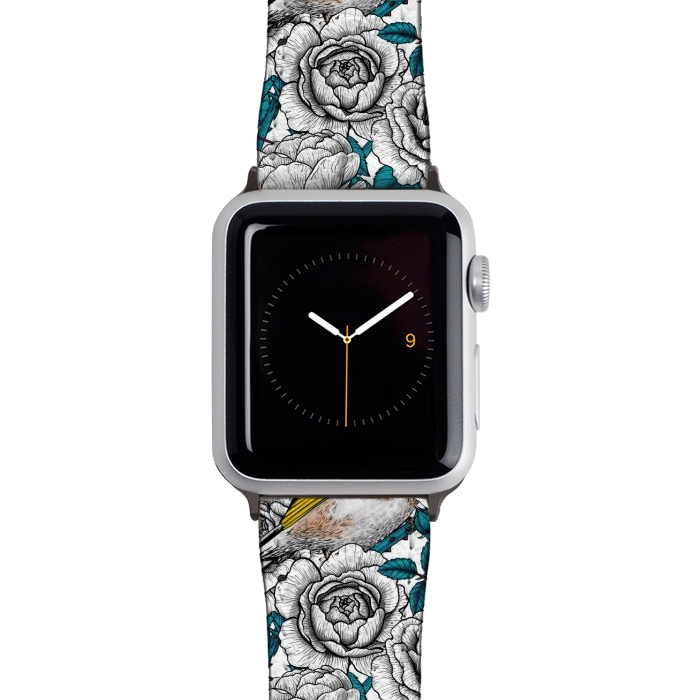 Watch 38mm / 40mm Strap PU leather White rose flowers and goldfinch birds by Katerina Kirilova