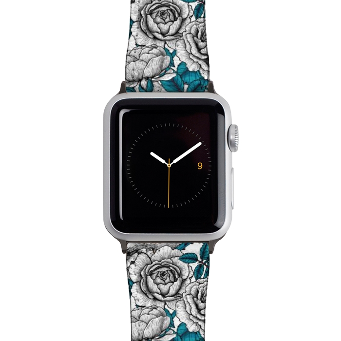 Watch 42mm / 44mm Strap PU leather White rose flowers and goldfinch birds by Katerina Kirilova
