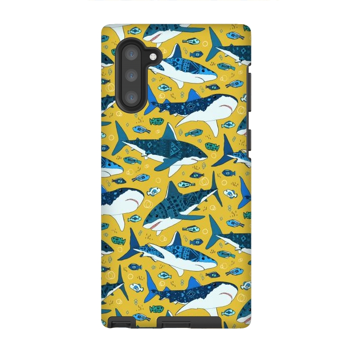 Galaxy Note 10 StrongFit Tribal Sharks & Fish On Mustard by Tigatiga