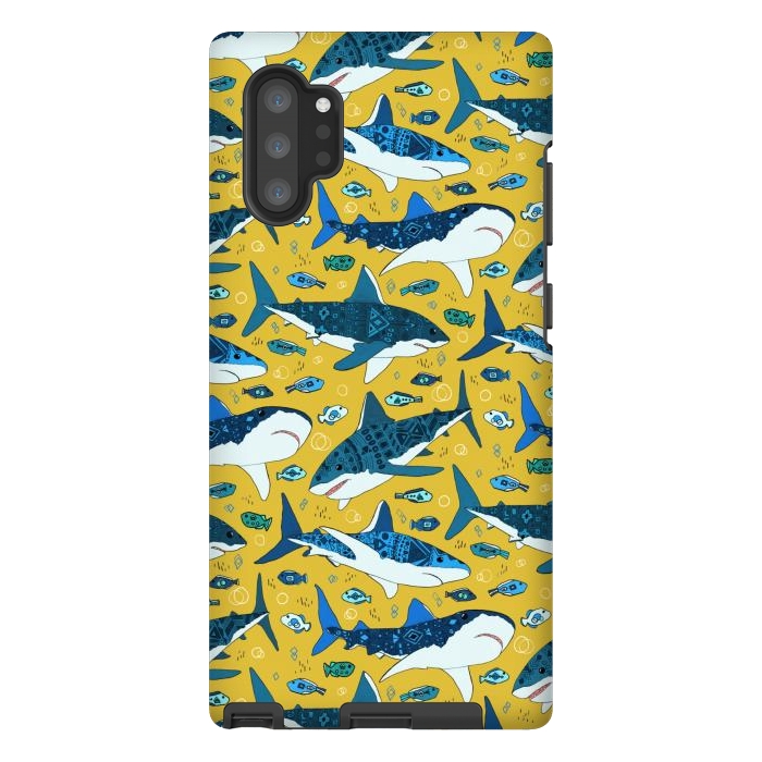 Galaxy Note 10 plus StrongFit Tribal Sharks & Fish On Mustard by Tigatiga