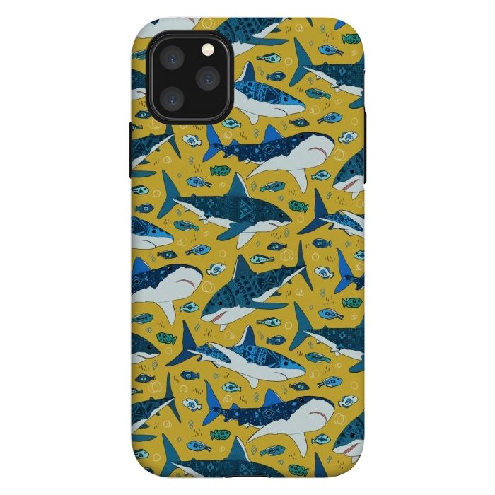 iPhone 11 Pro Max StrongFit Tribal Sharks & Fish On Mustard by Tigatiga