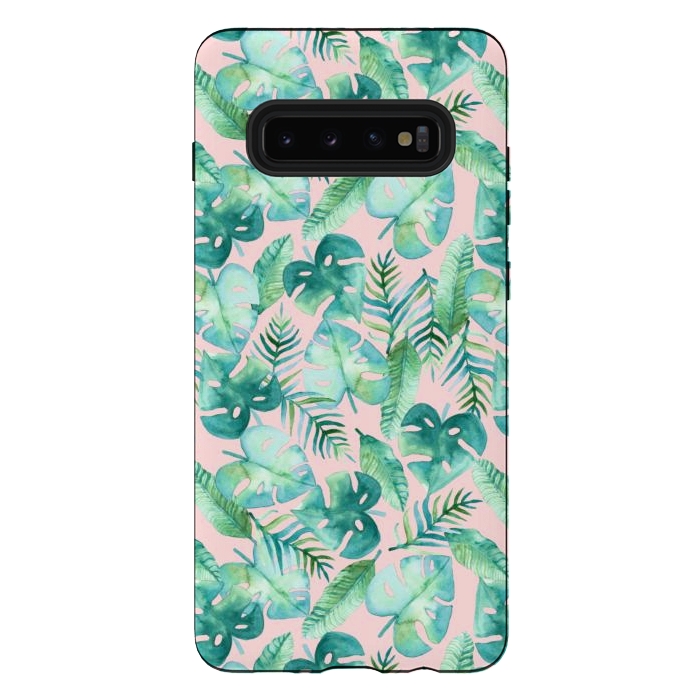 Galaxy S10 plus StrongFit Cyan Tropical Jungle on Pink by Tangerine-Tane