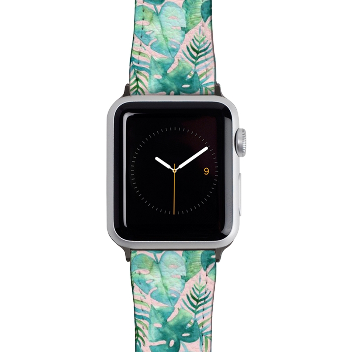 Watch 38mm / 40mm Strap PU leather Cyan Tropical Jungle on Pink by Tangerine-Tane