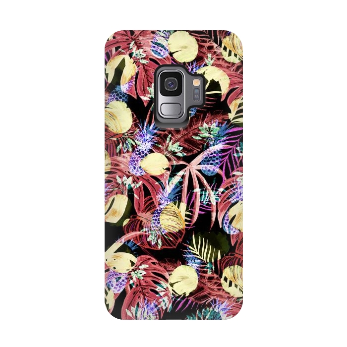 Galaxy S9 StrongFit Colourful painted tropical leaves and pineapples by Oana 