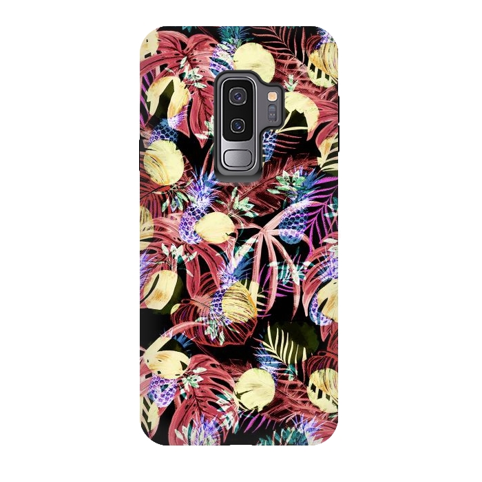 Galaxy S9 plus StrongFit Colourful painted tropical leaves and pineapples by Oana 