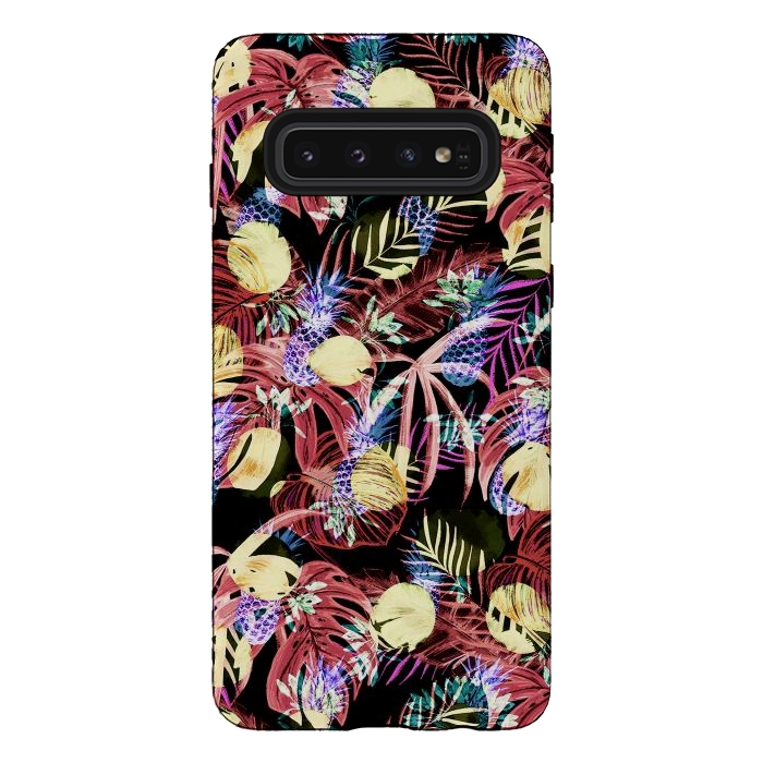 Galaxy S10 StrongFit Colourful painted tropical leaves and pineapples by Oana 