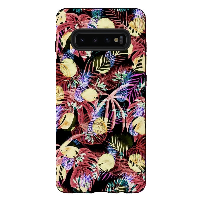 Galaxy S10 plus StrongFit Colourful painted tropical leaves and pineapples by Oana 