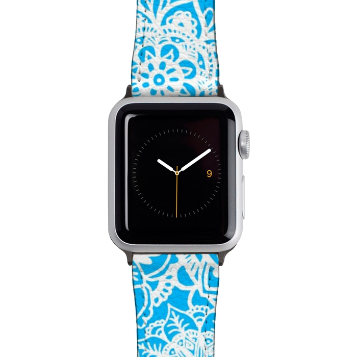 Watch 42mm / 44mm Strap PU leather Blue and White Mandala Pattern by Julie Erin Designs