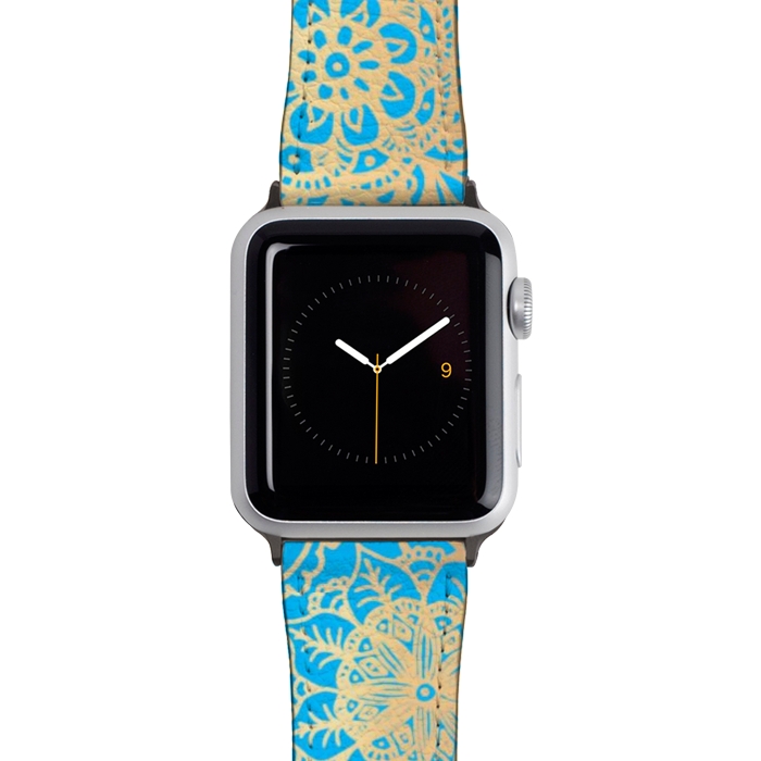 Watch 42mm / 44mm Strap PU leather Light Blue and Gold Mandala Pattern by Julie Erin Designs