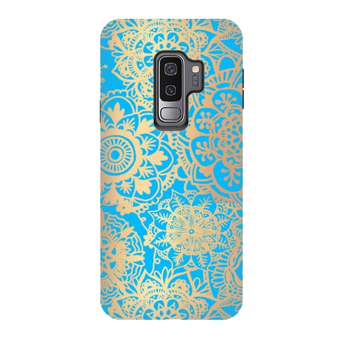 Galaxy S9 plus StrongFit Light Blue and Gold Mandala Pattern by Julie Erin Designs