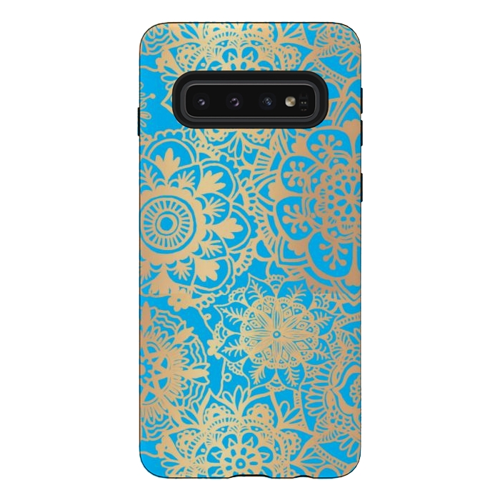 Galaxy S10 StrongFit Light Blue and Gold Mandala Pattern by Julie Erin Designs