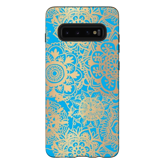 Galaxy S10 plus StrongFit Light Blue and Gold Mandala Pattern by Julie Erin Designs