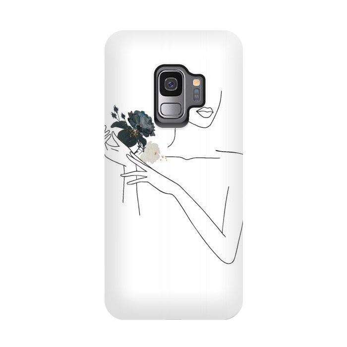 Galaxy S9 StrongFit Lineart Girl With Black Flowers by DaDo ART