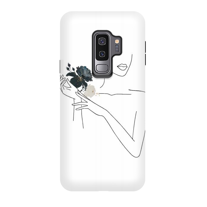 Galaxy S9 plus StrongFit Lineart Girl With Black Flowers by DaDo ART