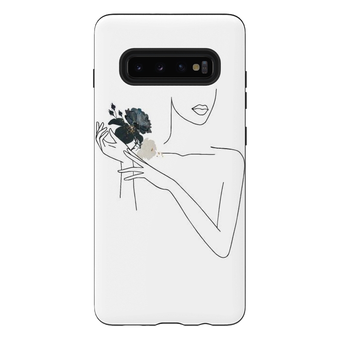 Galaxy S10 plus StrongFit Lineart Girl With Black Flowers by DaDo ART