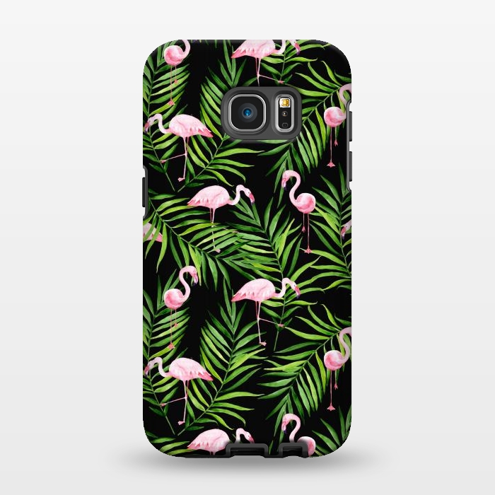 Galaxy S7 EDGE StrongFit Pink flamingo ang palm leaves by Julia Badeeva