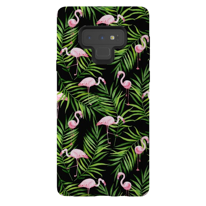Galaxy Note 9 StrongFit Pink flamingo ang palm leaves by Julia Badeeva