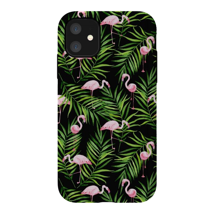 iPhone 11 StrongFit Pink flamingo ang palm leaves by Julia Badeeva