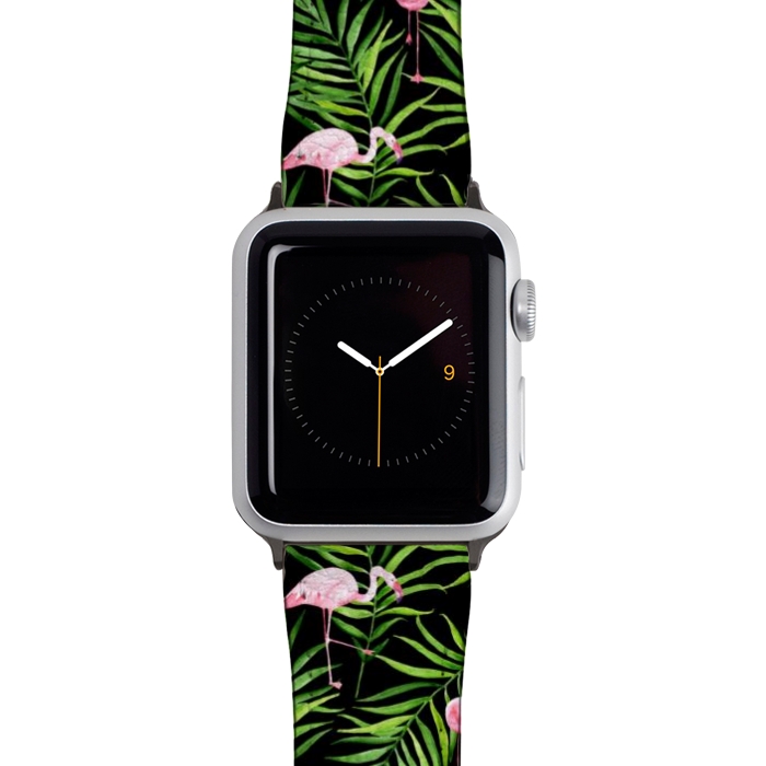 Watch 42mm / 44mm Strap PU leather Pink flamingo ang palm leaves by Julia Badeeva