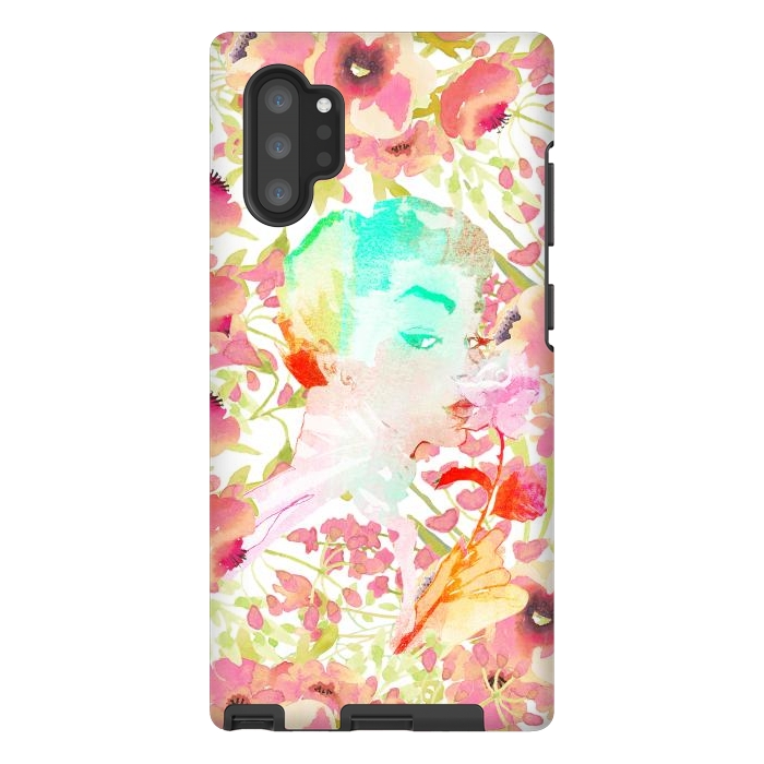Galaxy Note 10 plus StrongFit Woman with pink roses watercolor illustration by Oana 