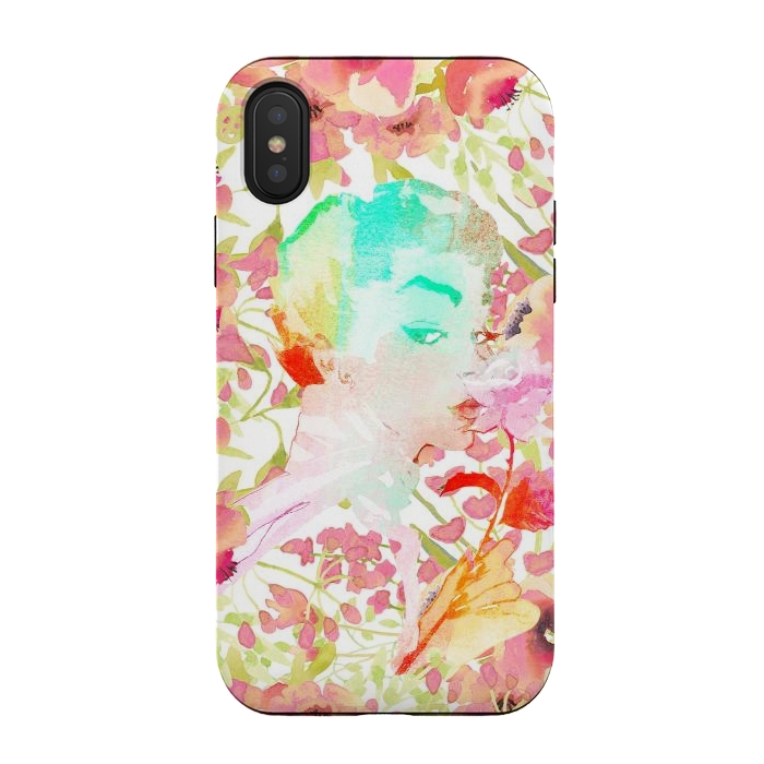 iPhone Xs / X StrongFit Woman with pink roses watercolor illustration by Oana 