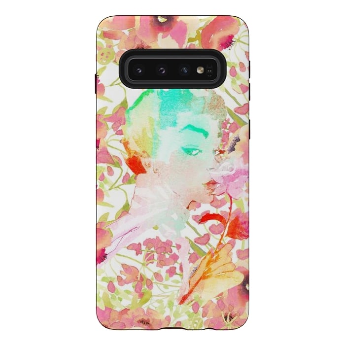 Galaxy S10 StrongFit Woman with pink roses watercolor illustration by Oana 