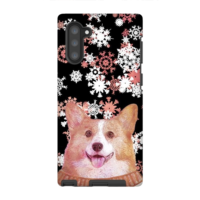 Galaxy Note 10 StrongFit Cute corgi and white rose gold snowflakes by Oana 