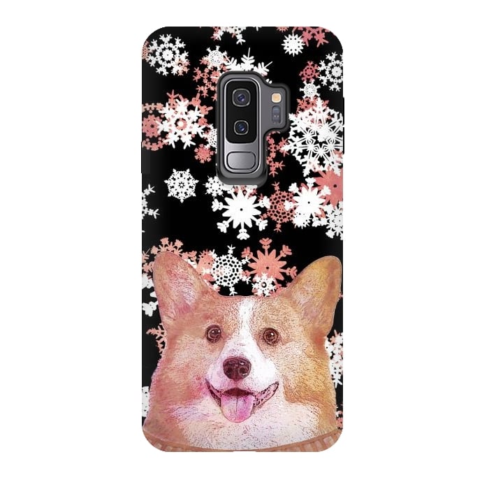 Galaxy S9 plus StrongFit Cute corgi and white rose gold snowflakes by Oana 