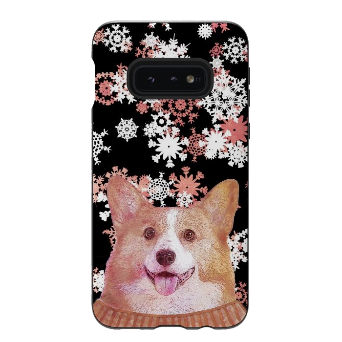 Galaxy S10e StrongFit Cute corgi and white rose gold snowflakes by Oana 