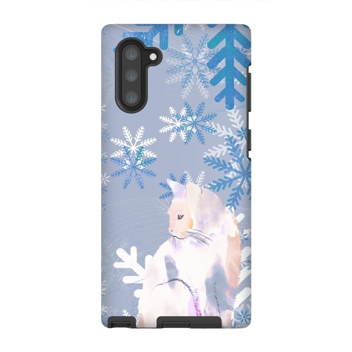 Galaxy Note 10 StrongFit Cat and metallic blue snowflakes watercolor illustration by Oana 