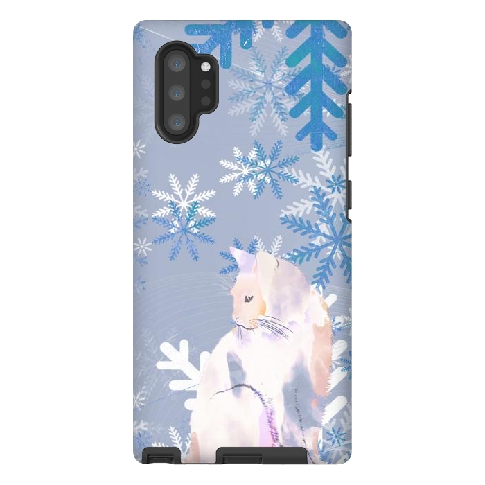 Galaxy Note 10 plus StrongFit Cat and metallic blue snowflakes watercolor illustration by Oana 