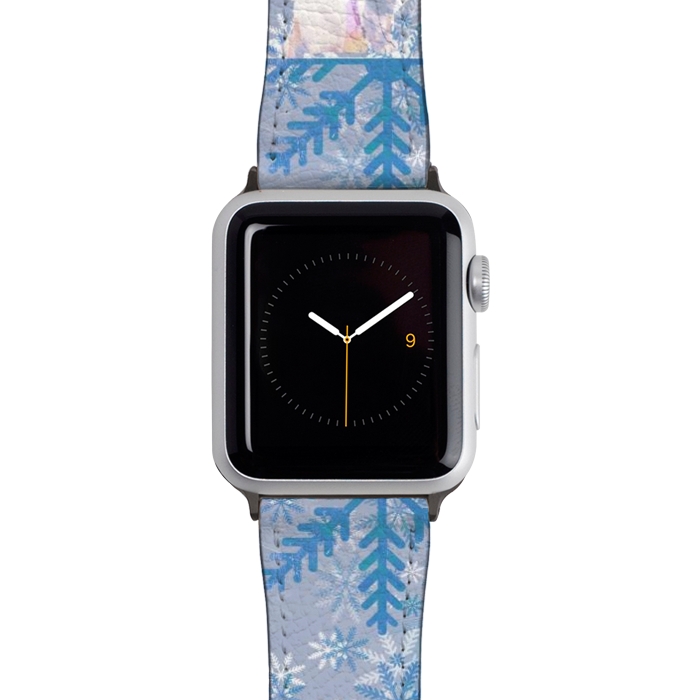 Watch 42mm / 44mm Strap PU leather Cat and metallic blue snowflakes watercolor illustration by Oana 