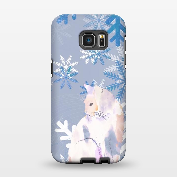 Galaxy S7 EDGE StrongFit Cat and metallic blue snowflakes watercolor illustration by Oana 