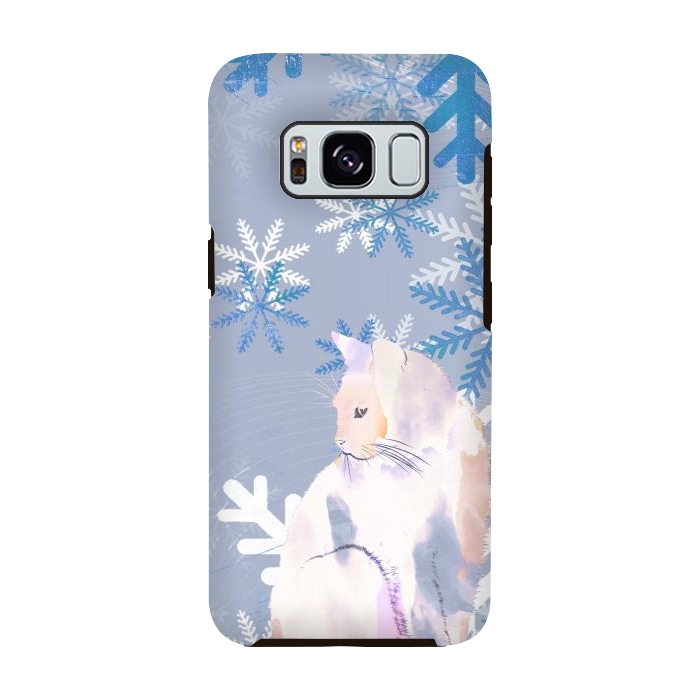 Galaxy S8 StrongFit Cat and metallic blue snowflakes watercolor illustration by Oana 