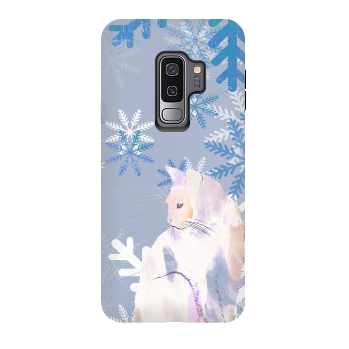 Galaxy S9 plus StrongFit Cat and metallic blue snowflakes watercolor illustration by Oana 