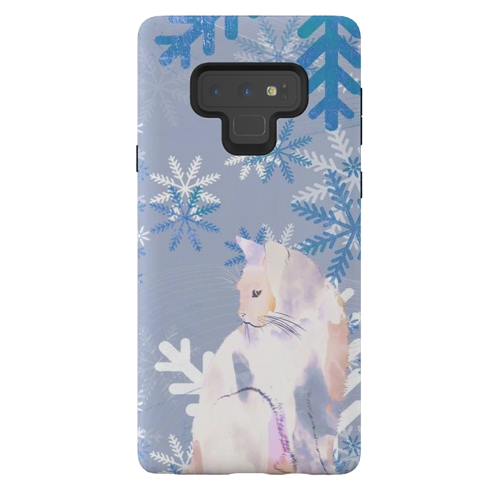 Galaxy Note 9 StrongFit Cat and metallic blue snowflakes watercolor illustration by Oana 