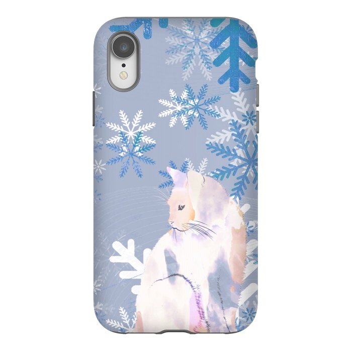 iPhone Xr StrongFit Cat and metallic blue snowflakes watercolor illustration by Oana 