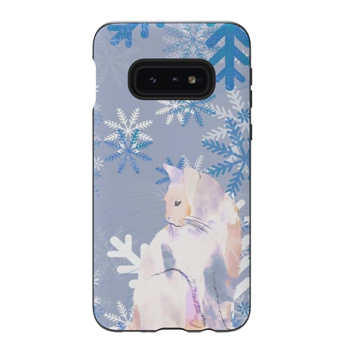 Galaxy S10e StrongFit Cat and metallic blue snowflakes watercolor illustration by Oana 