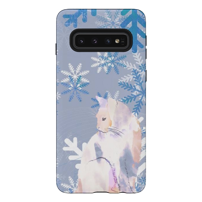 Galaxy S10 StrongFit Cat and metallic blue snowflakes watercolor illustration by Oana 