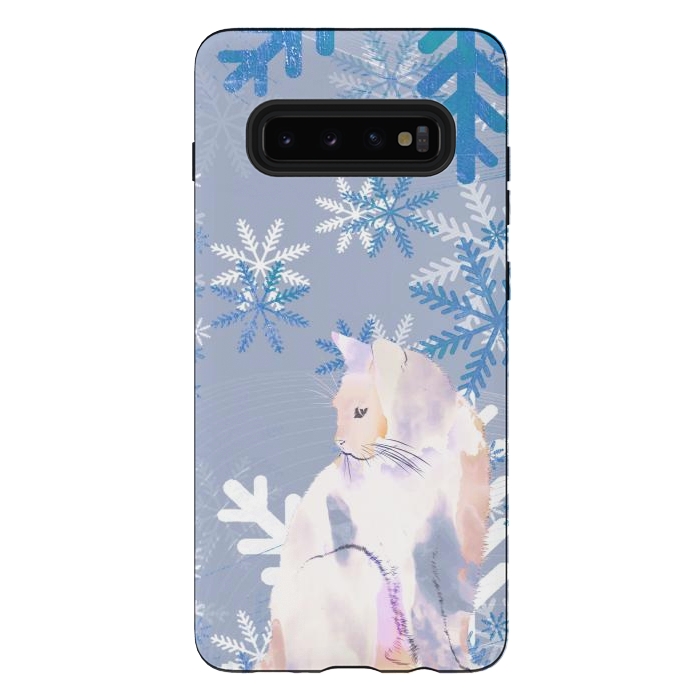 Galaxy S10 plus StrongFit Cat and metallic blue snowflakes watercolor illustration by Oana 
