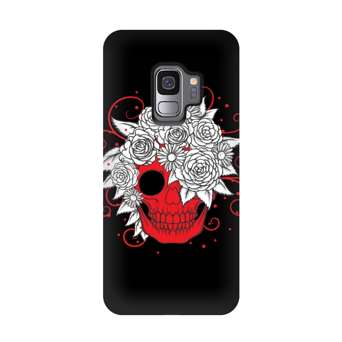 Galaxy S9 StrongFit floral red skull smiling by MALLIKA
