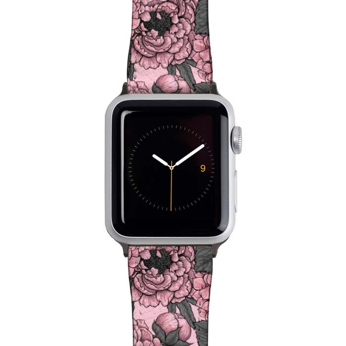 Watch 42mm / 44mm Strap PU leather Peony and hydrangea in pink by Katerina Kirilova