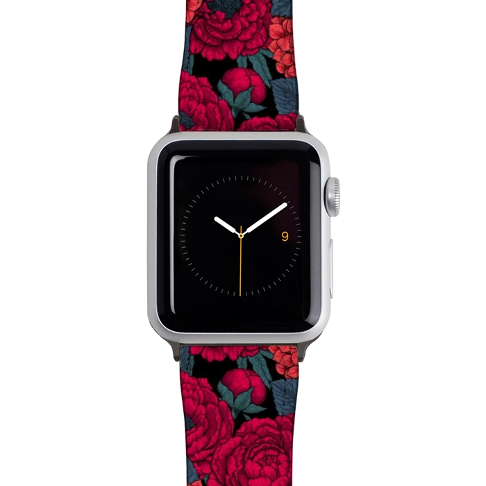 Watch 42mm / 44mm Strap PU leather Peony and hydrangea in red by Katerina Kirilova