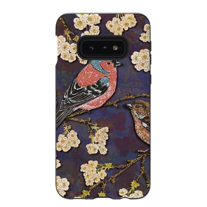 Galaxy S10e StrongFit Chaffinches in Cherry Blossom by Lotti Brown