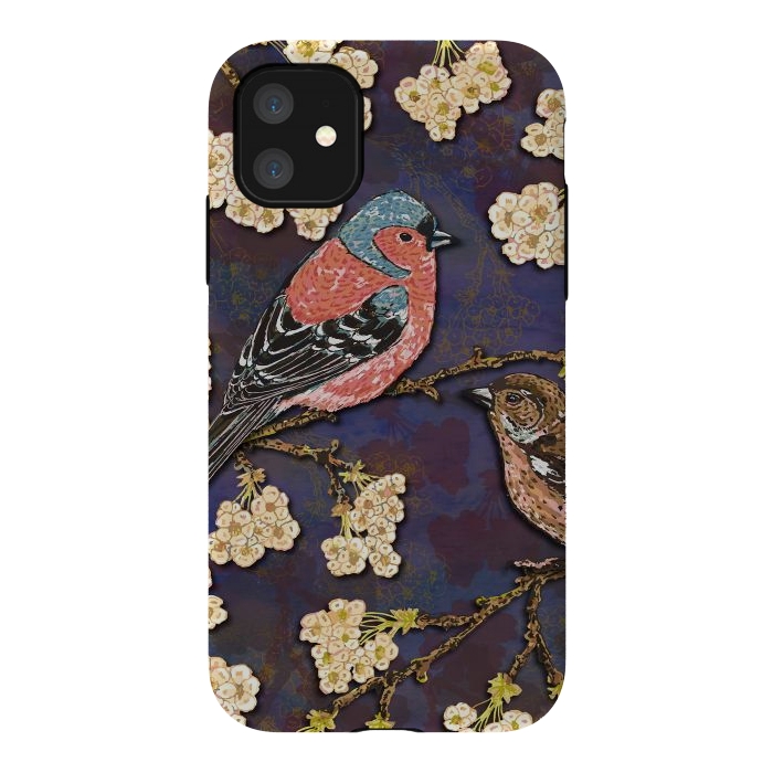 iPhone 11 StrongFit Chaffinches in Cherry Blossom by Lotti Brown