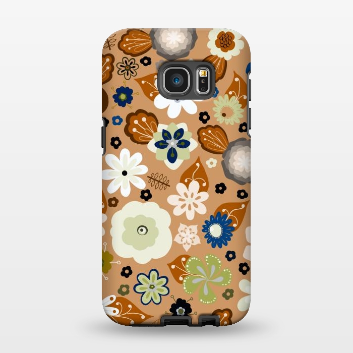Galaxy S7 EDGE StrongFit Kitsch 70s Flowers in Classic Blue and Brown by Paula Ohreen