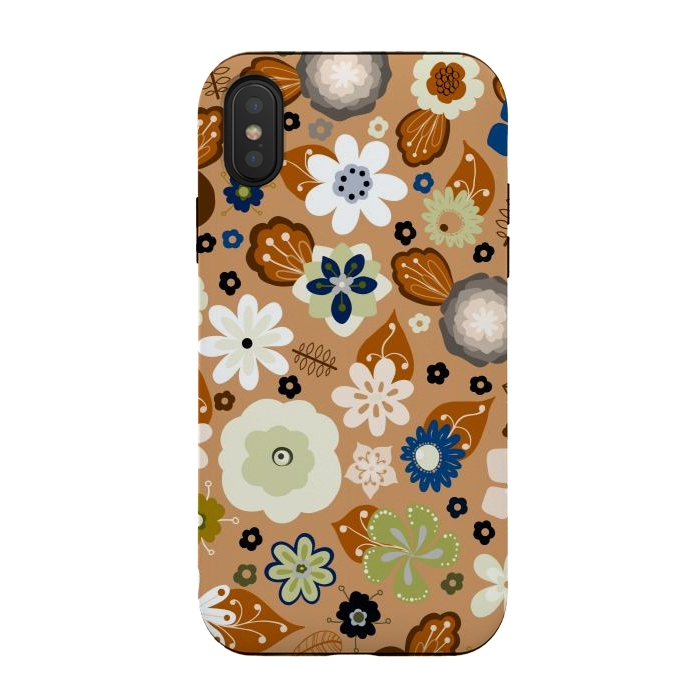iPhone Xs / X StrongFit Kitsch 70s Flowers in Classic Blue and Brown by Paula Ohreen